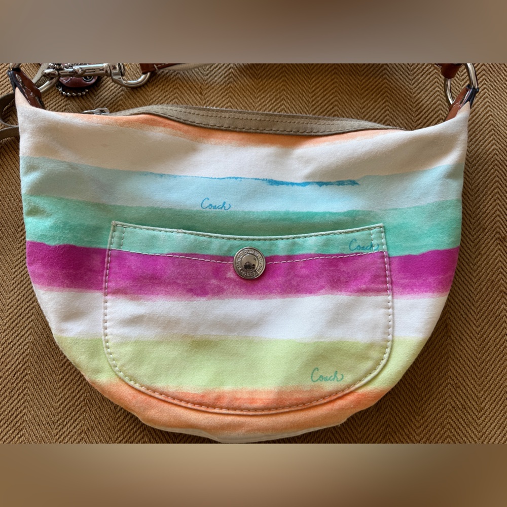 Coach Watercolor Hampton Pink Rainbow Striped Bag - cute for summer!